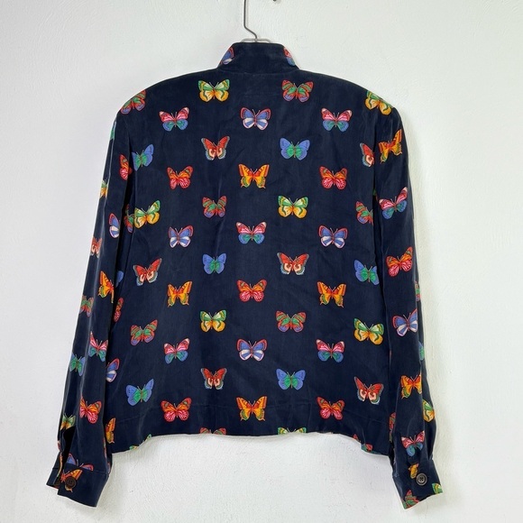 DONCASTER Vintage 90s Y2K Silk Feel Butterfly Novelty Print Navy Zip Jacket M - Picture 3 of 12